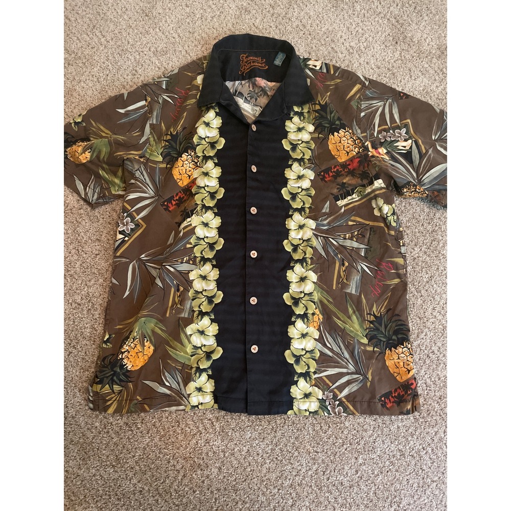Tommy Bahama Mens Hawaiian Shirt L Brown Pineapple Floral Hula Girl‎ Silk Blend